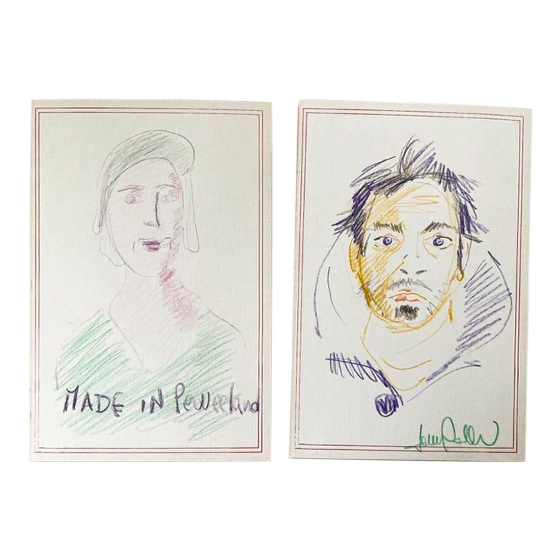 1970s Vintage Colored Pencil Portraits From Italy: Vintage Colored Pencil Portraits onItalian Postcards - hand drawn one of kind . 4 X 6.5 " Condition: Alterations: Original Condition Unaltered Imperfections: Some Imperfections Condition Notes: Perfec