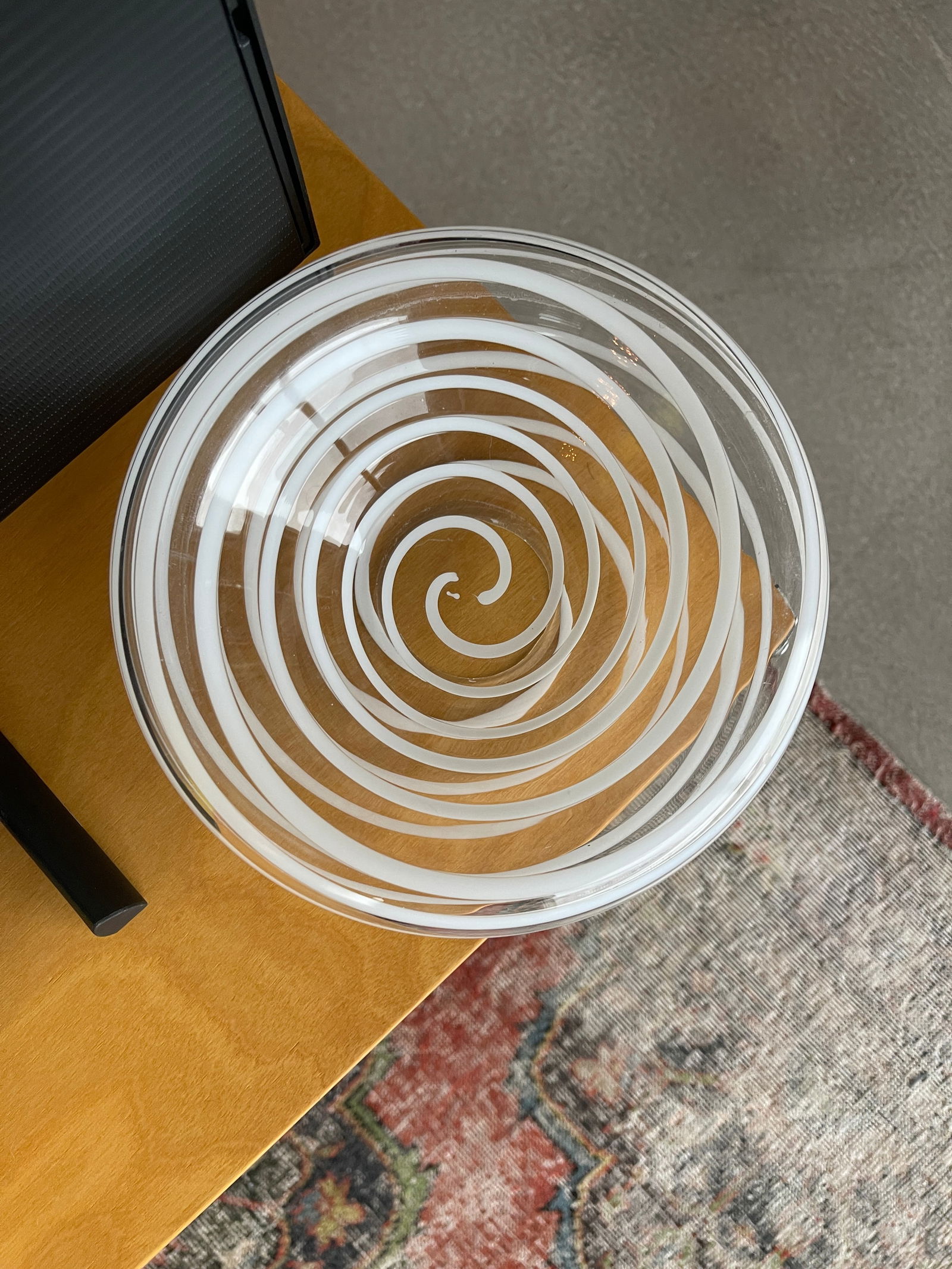 1980s Kurata Glass Sculpture Bowl Threaded Clear White Postmodern Mikassa Memphis Design - 10