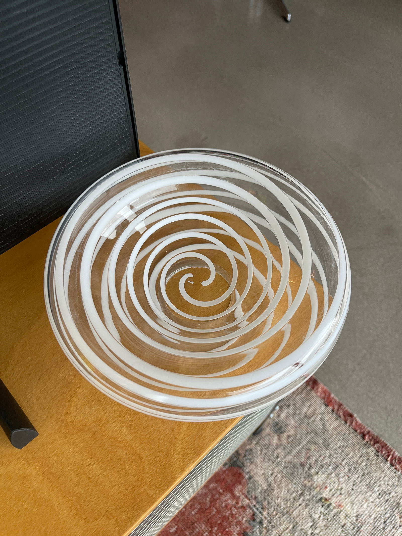 1980s Kurata Glass Sculpture Bowl Threaded Clear White Postmodern Mikassa Memphis Design - 11