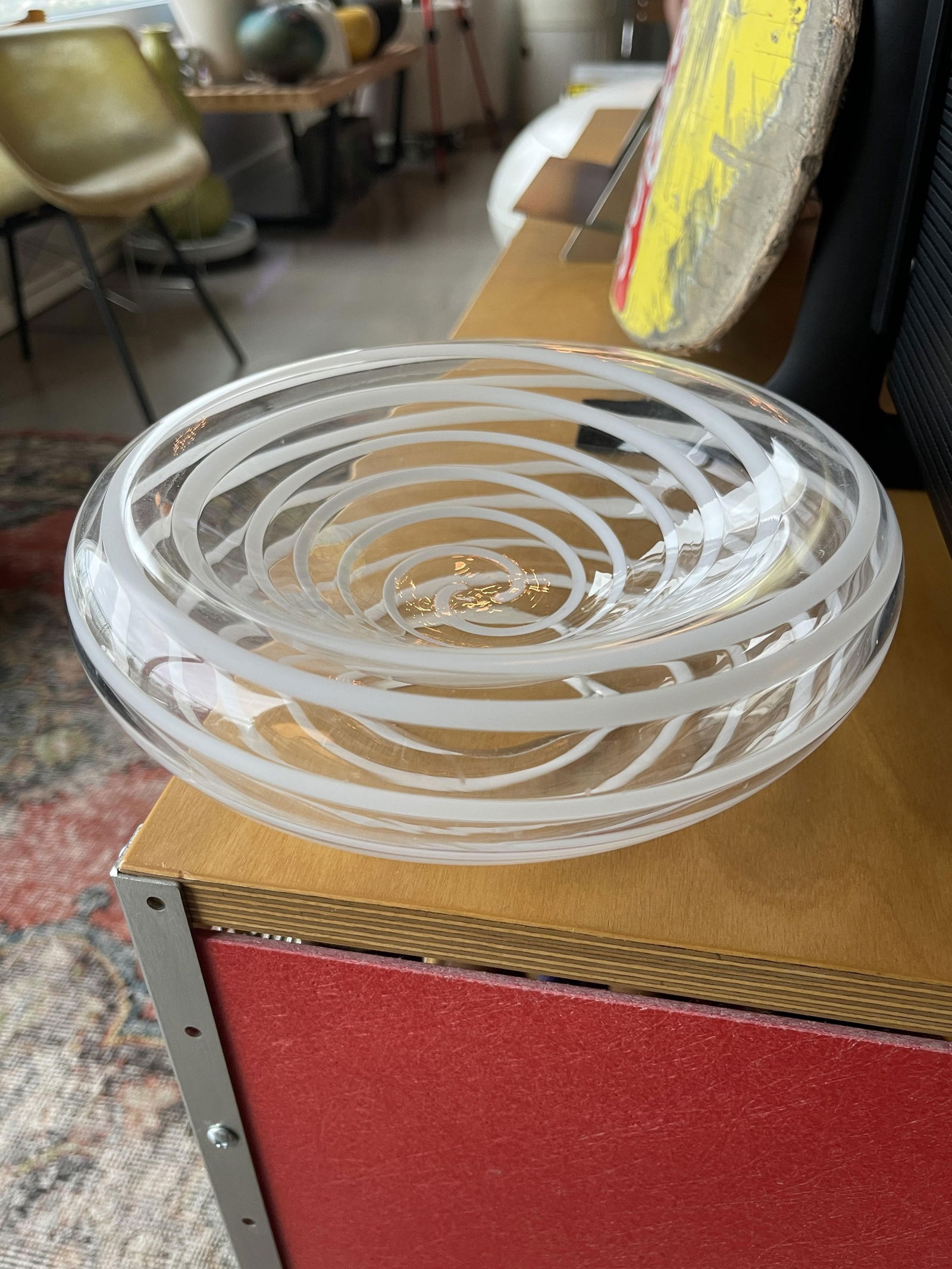 1980s Kurata Glass Sculpture Bowl Threaded Clear White Postmodern Mikassa Memphis Design - 6