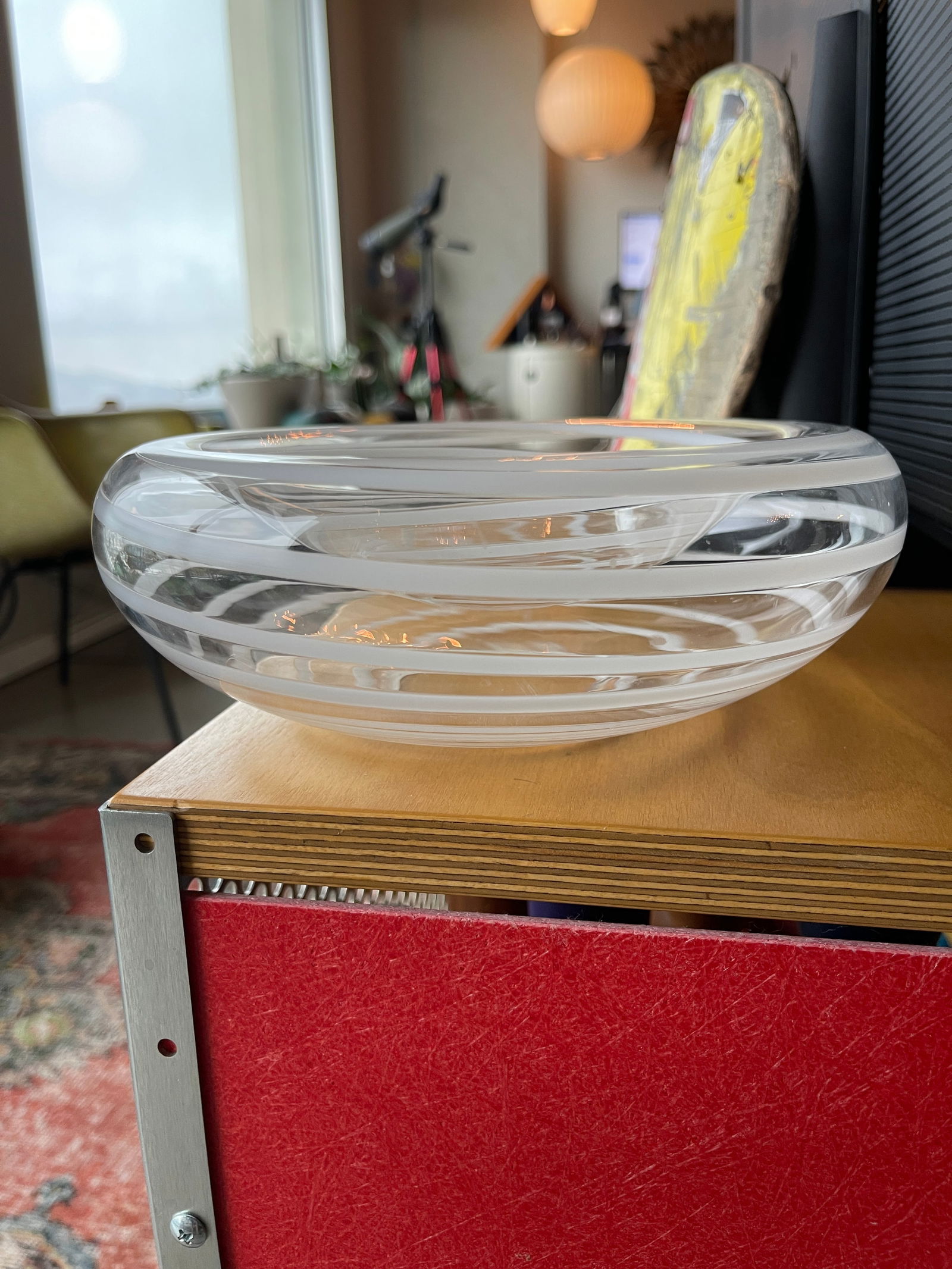 1980s Kurata Glass Sculpture Bowl Threaded Clear White Postmodern Mikassa Memphis Design - 7