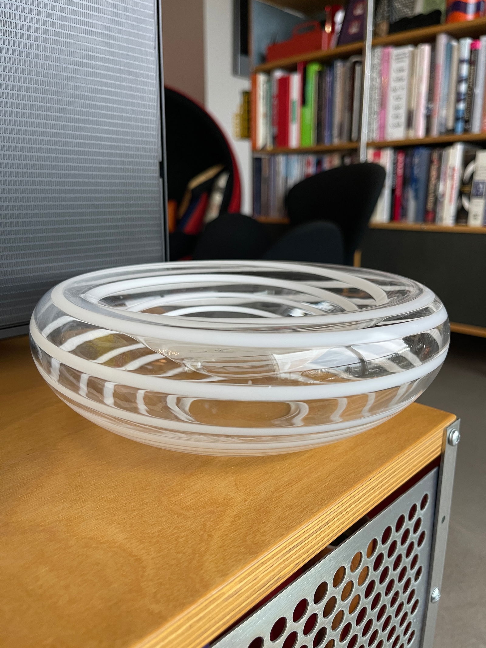 1980s Kurata Glass Sculpture Bowl Threaded Clear White Postmodern Mikassa Memphis Design - 9