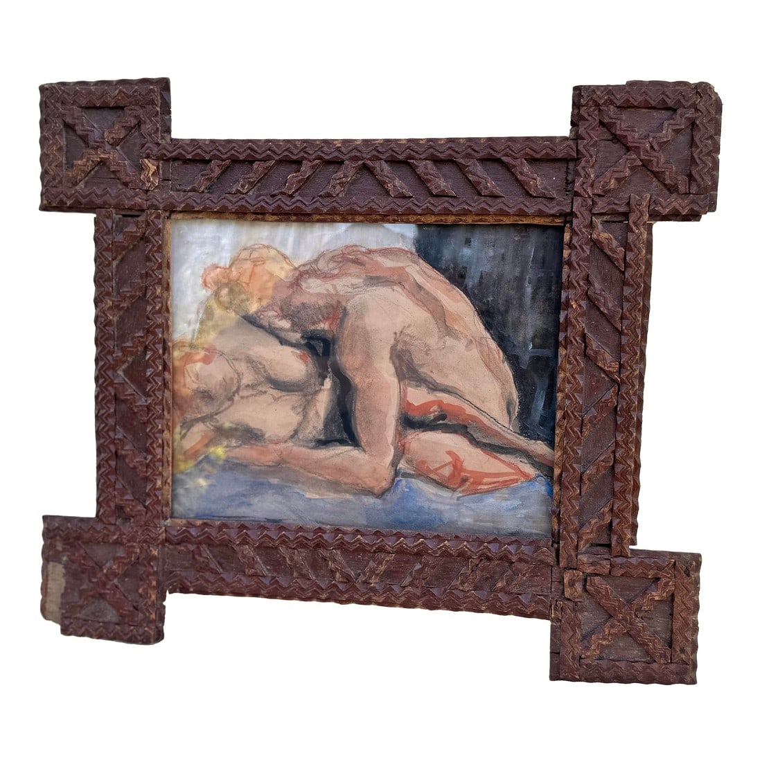 Antique Tramp Art Wood Frame With Modern Erica Everage Art -Abstracted Figurative Drawing: Stunning and romantic original watercolor/ conte / charcoal drawing by Los Angeles artist Erica Everage Art framed with original antique European tramp art wood frame / plexiglass face. Overall size o