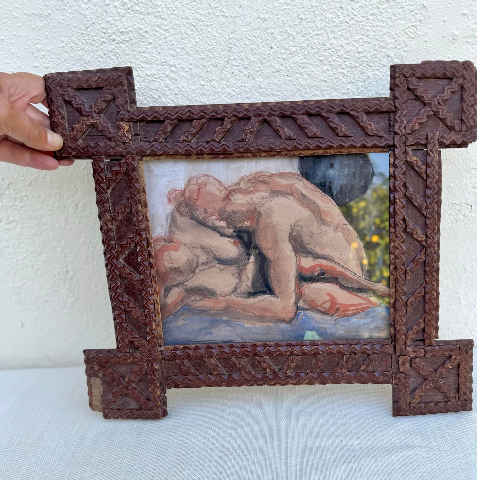 Antique Tramp Art Wood Frame With Modern Erica Everage Art -Abstracted Figurative Drawing - 2