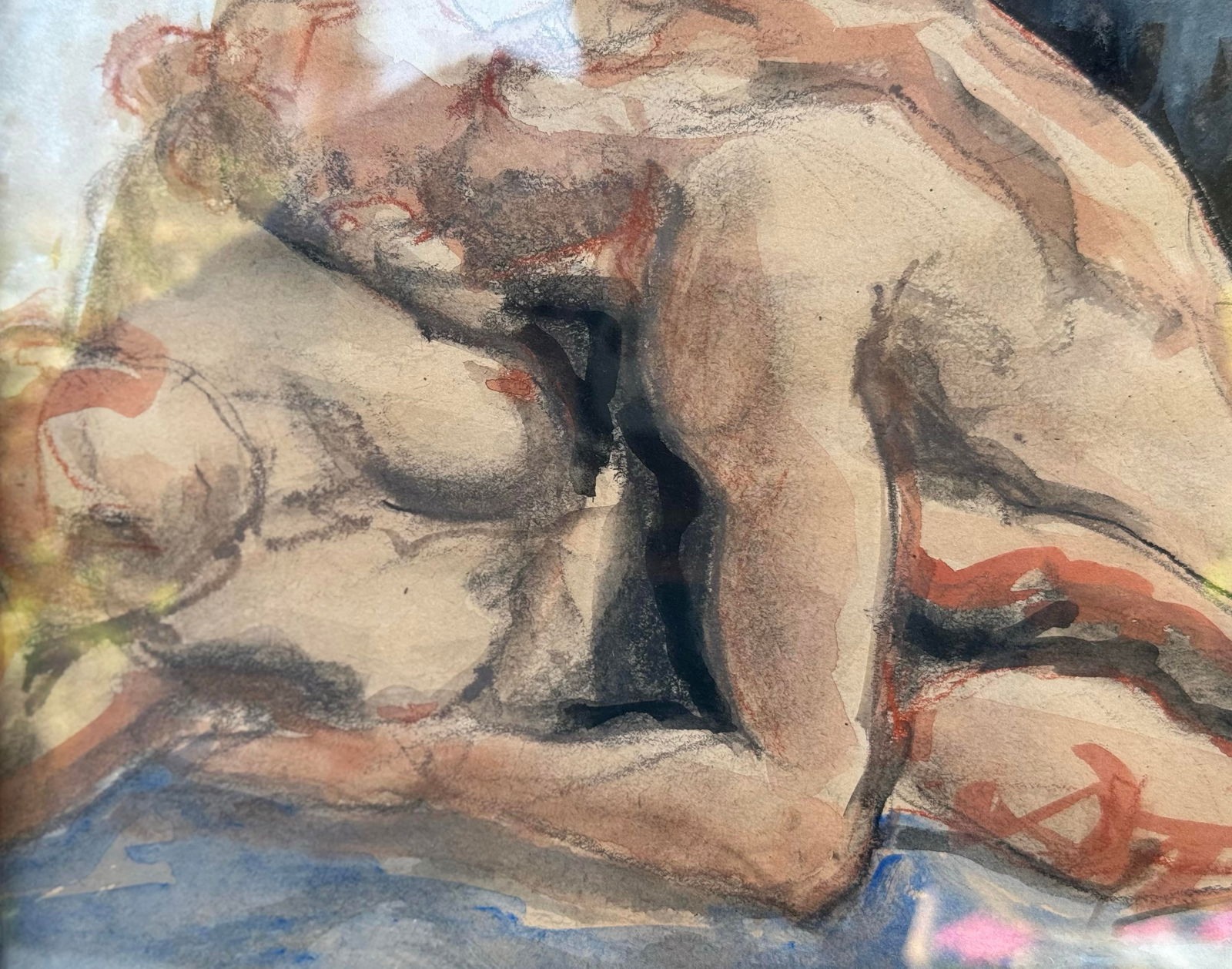 Antique Tramp Art Wood Frame With Modern Erica Everage Art -Abstracted Figurative Drawing - 3