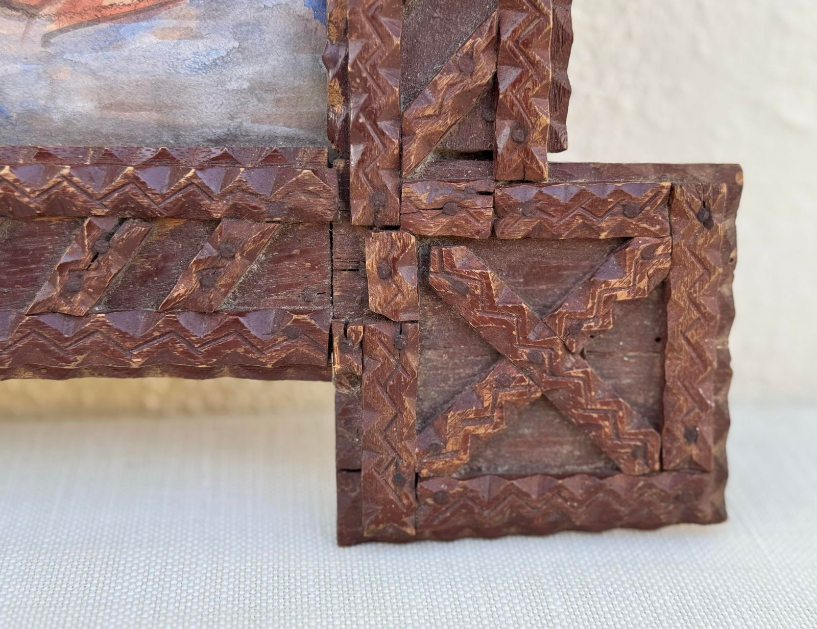 Antique Tramp Art Wood Frame With Modern Erica Everage Art -Abstracted Figurative Drawing - 7