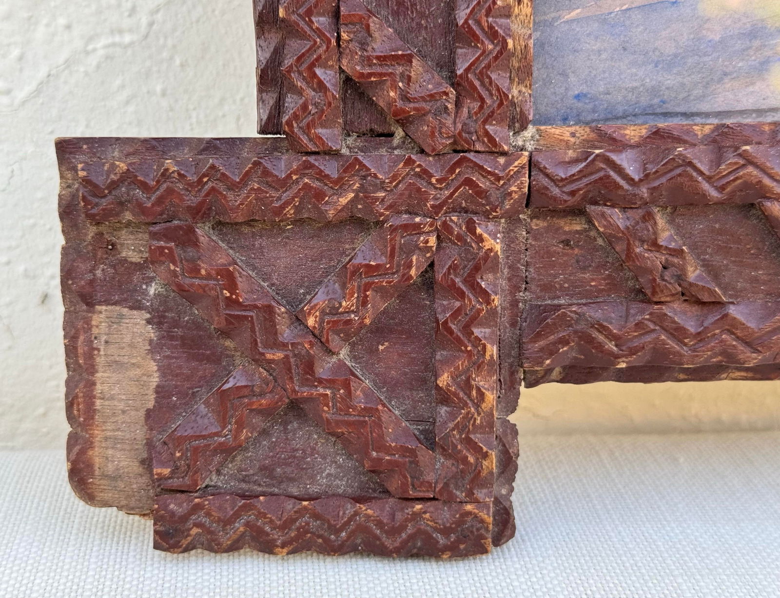 Antique Tramp Art Wood Frame With Modern Erica Everage Art -Abstracted Figurative Drawing - 8