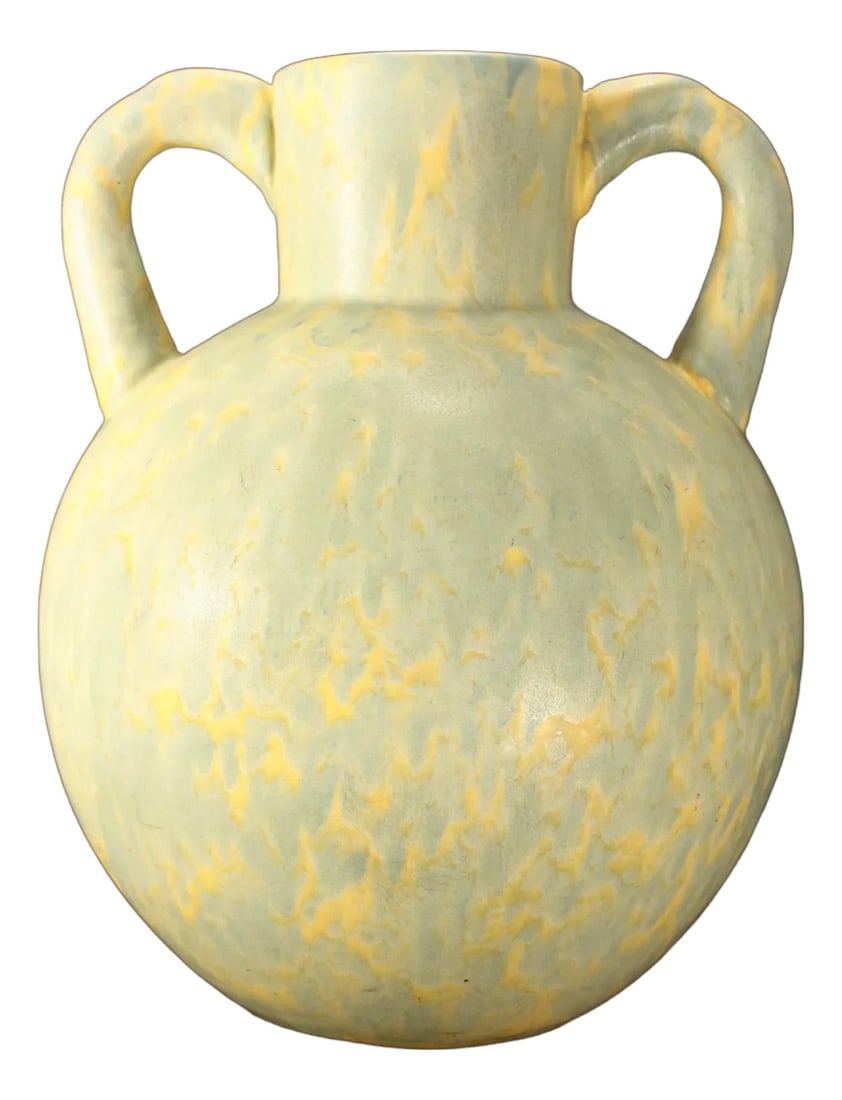 Early 1900's American Studio Pottery Arts & Crafts Celadon Mottled Glaze Vase: A magnificent American art studio pottery vase A RARE Arts & Crafts / Art Deco rounded amphora shaped body with two handles, featuring a stylish minimalistic decoration, just two stylized leaves at th