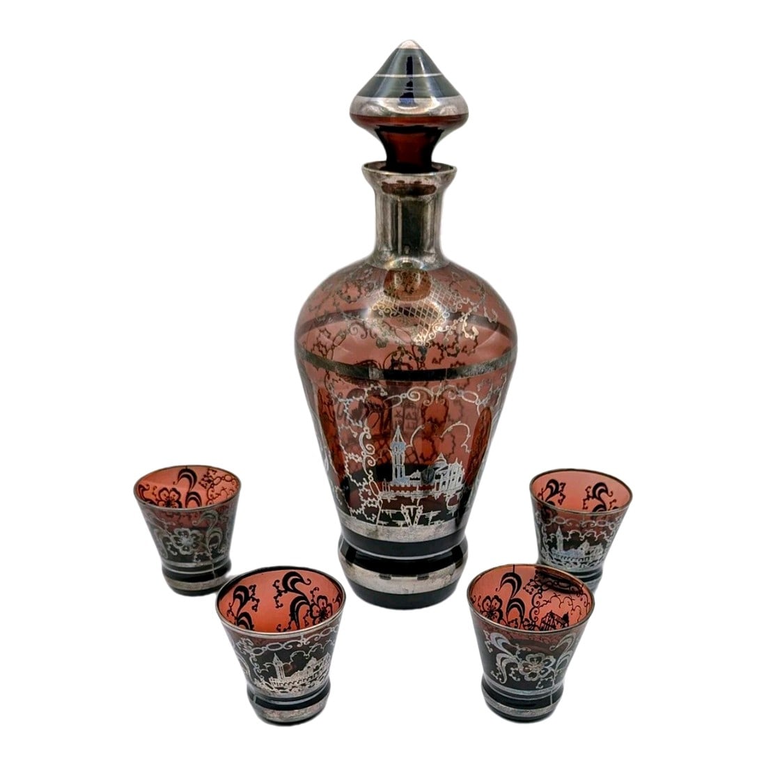 Vintage Venetian Silver Overlay Glass Liquor Set, 20th Century Amethyst Venice Scenes- 5 Pieces: Images of Doges Palace and the winged lion of Venice and adorned with flowers and lace. A fantastic acquisition for lovers of Italy, Venice and perhaps limoncello! Condition: Alterations: Original Con