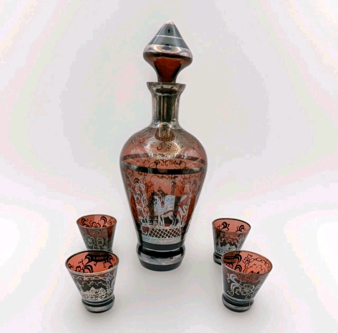 Vintage Venetian Silver Overlay Glass Liquor Set, 20th Century Amethyst Venice Scenes- 5 Pieces - 2