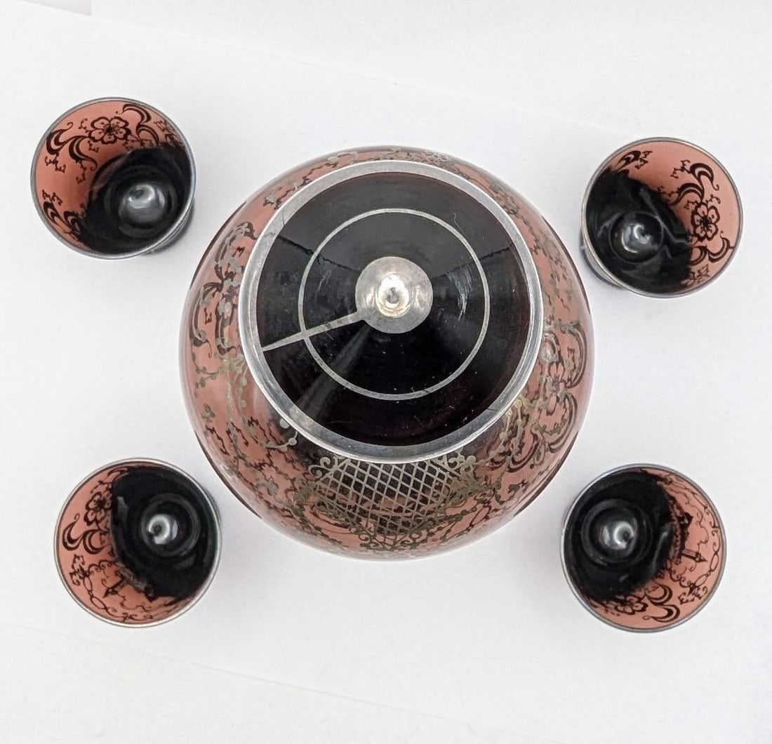 Vintage Venetian Silver Overlay Glass Liquor Set, 20th Century Amethyst Venice Scenes- 5 Pieces - 4