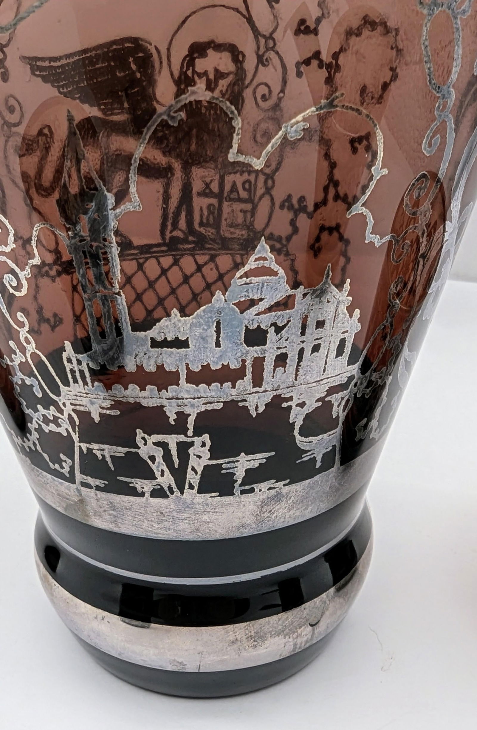 Vintage Venetian Silver Overlay Glass Liquor Set, 20th Century Amethyst Venice Scenes- 5 Pieces - 5