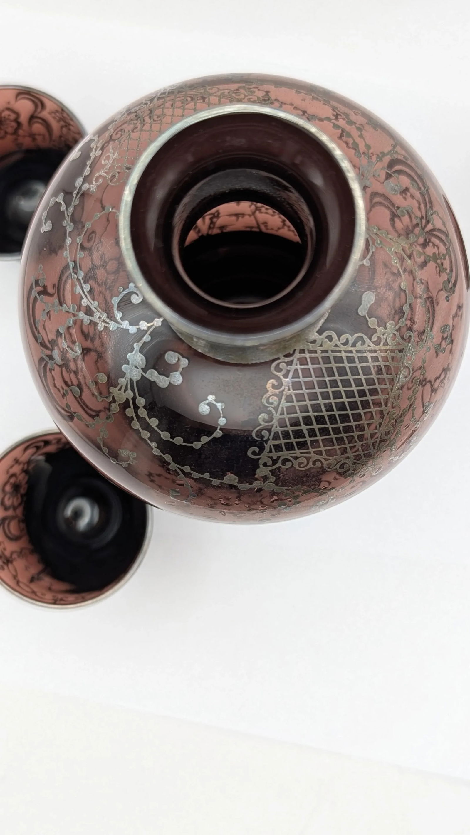 Vintage Venetian Silver Overlay Glass Liquor Set, 20th Century Amethyst Venice Scenes- 5 Pieces - 6