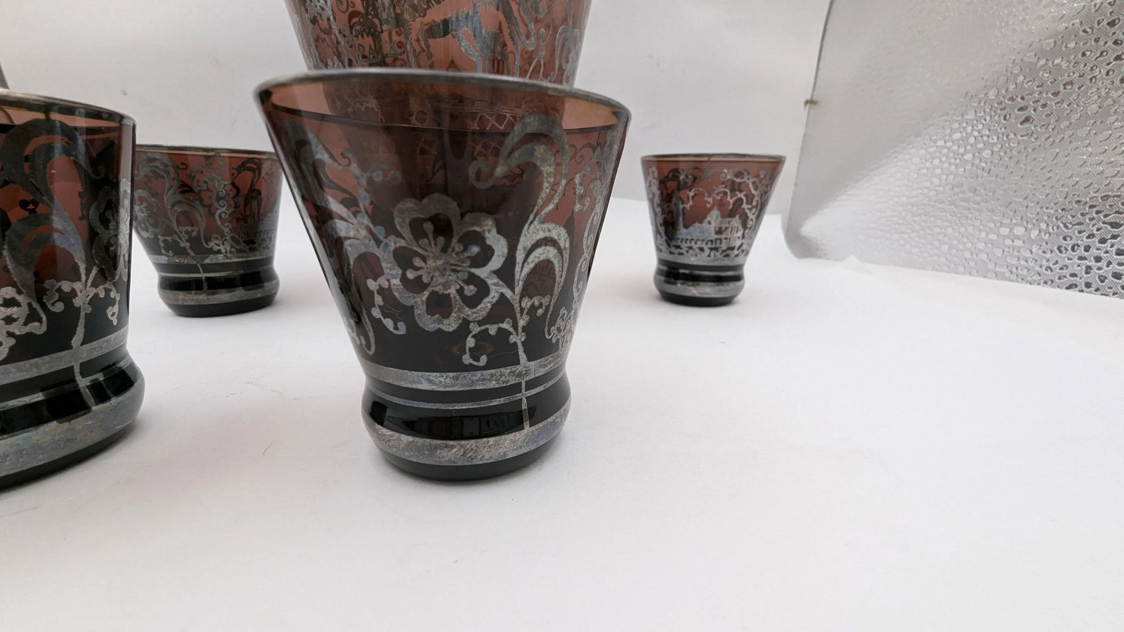 Vintage Venetian Silver Overlay Glass Liquor Set, 20th Century Amethyst Venice Scenes- 5 Pieces - 7