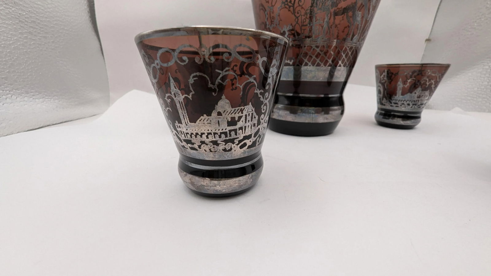 Vintage Venetian Silver Overlay Glass Liquor Set, 20th Century Amethyst Venice Scenes- 5 Pieces - 8