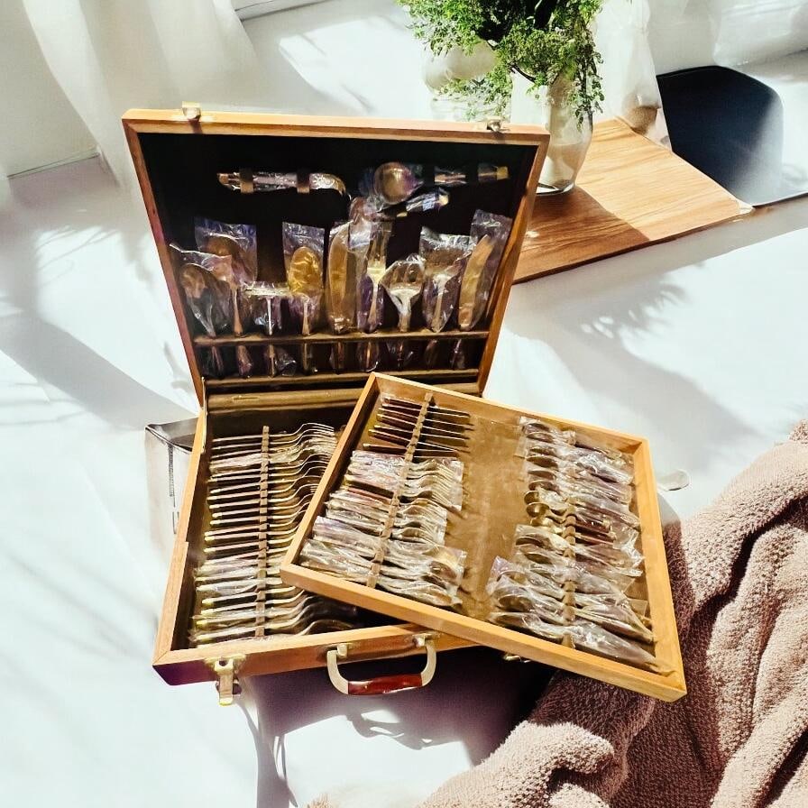 Mid Century Modern Flatware Set in Rosewood & Bronze-Teak Case, Thailand- 100 Pieces - 2