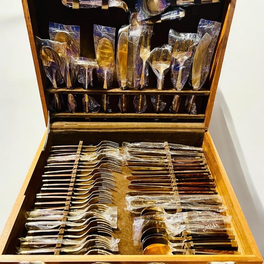 Mid Century Modern Flatware Set in Rosewood & Bronze-Teak Case, Thailand- 100 Pieces - 3