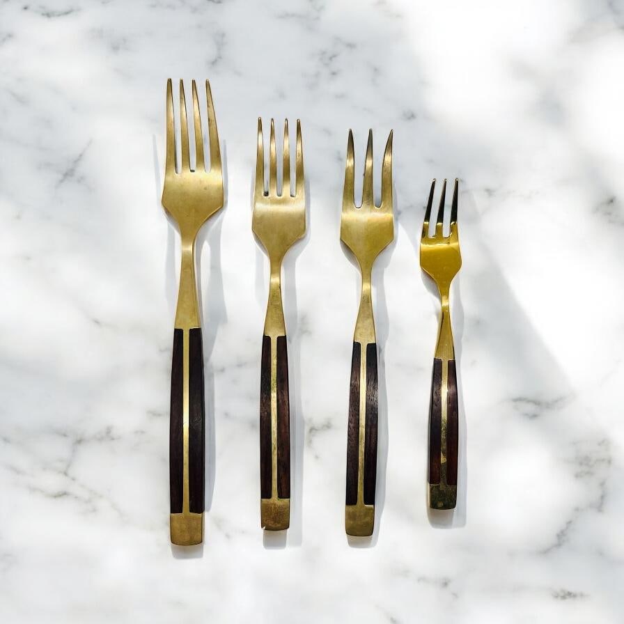 Mid Century Modern Flatware Set in Rosewood & Bronze-Teak Case, Thailand- 100 Pieces - 7