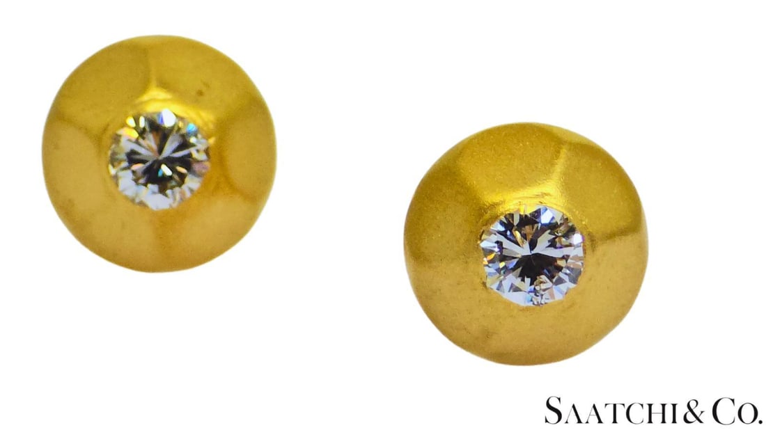 Late 20th Century 18k (750) Yellow Gold - Natural Round VVS-vs Diamond: Womens Earrings, Set of 2 - 8