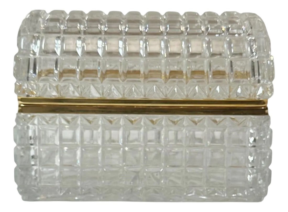 1950s Czechoslovakian Crystal Box: A pristine example of mid century design this cut to clear crystal box features a classic cushion form and elegant dore bronze edging. The crystal is finely faceted and reflects light with clarity and