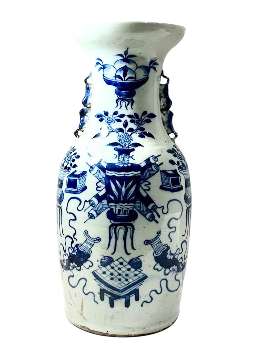 19th Century Chinese Blue and White Vase With Celadon Cast and Foo Dog Handles - 2