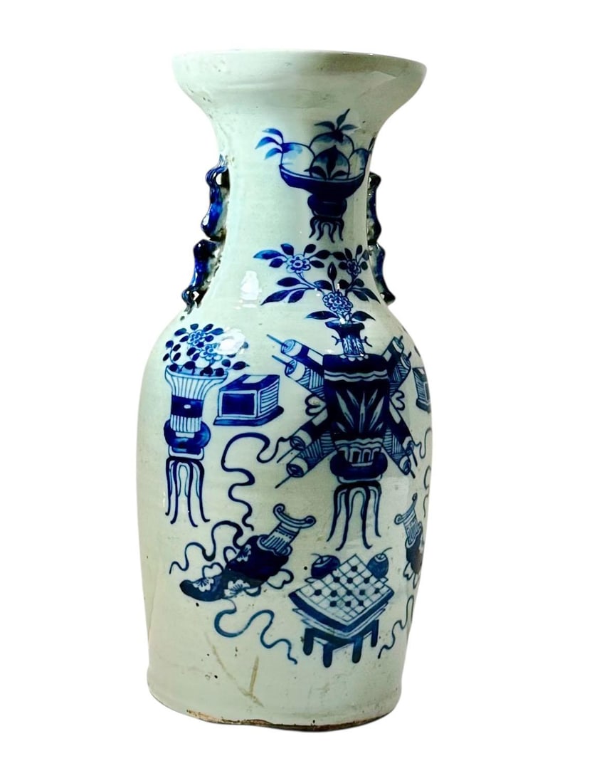 19th Century Chinese Blue and White Vase With Celadon Cast and Foo Dog Handles - 3
