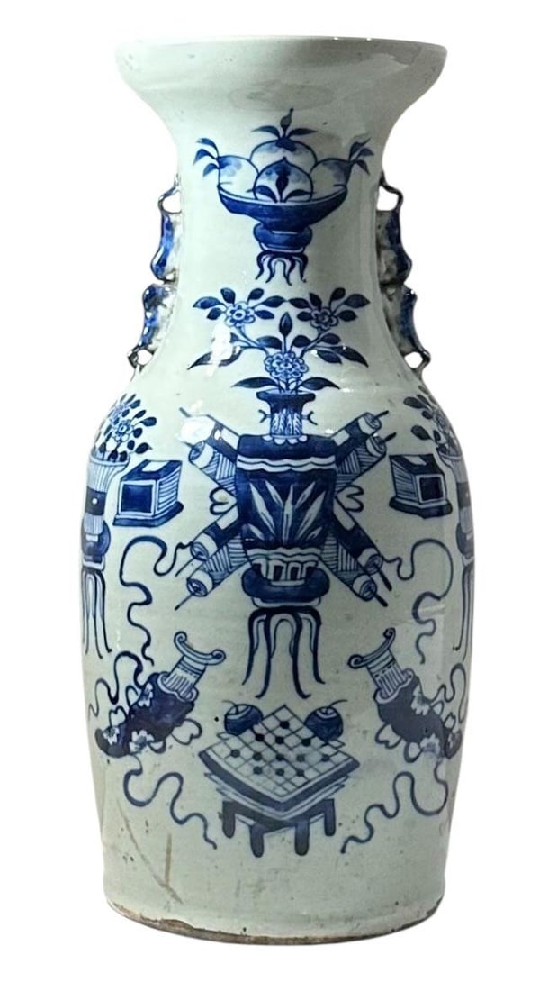 19th Century Chinese Blue and White Vase With Celadon Cast and Foo Dog Handles - 6