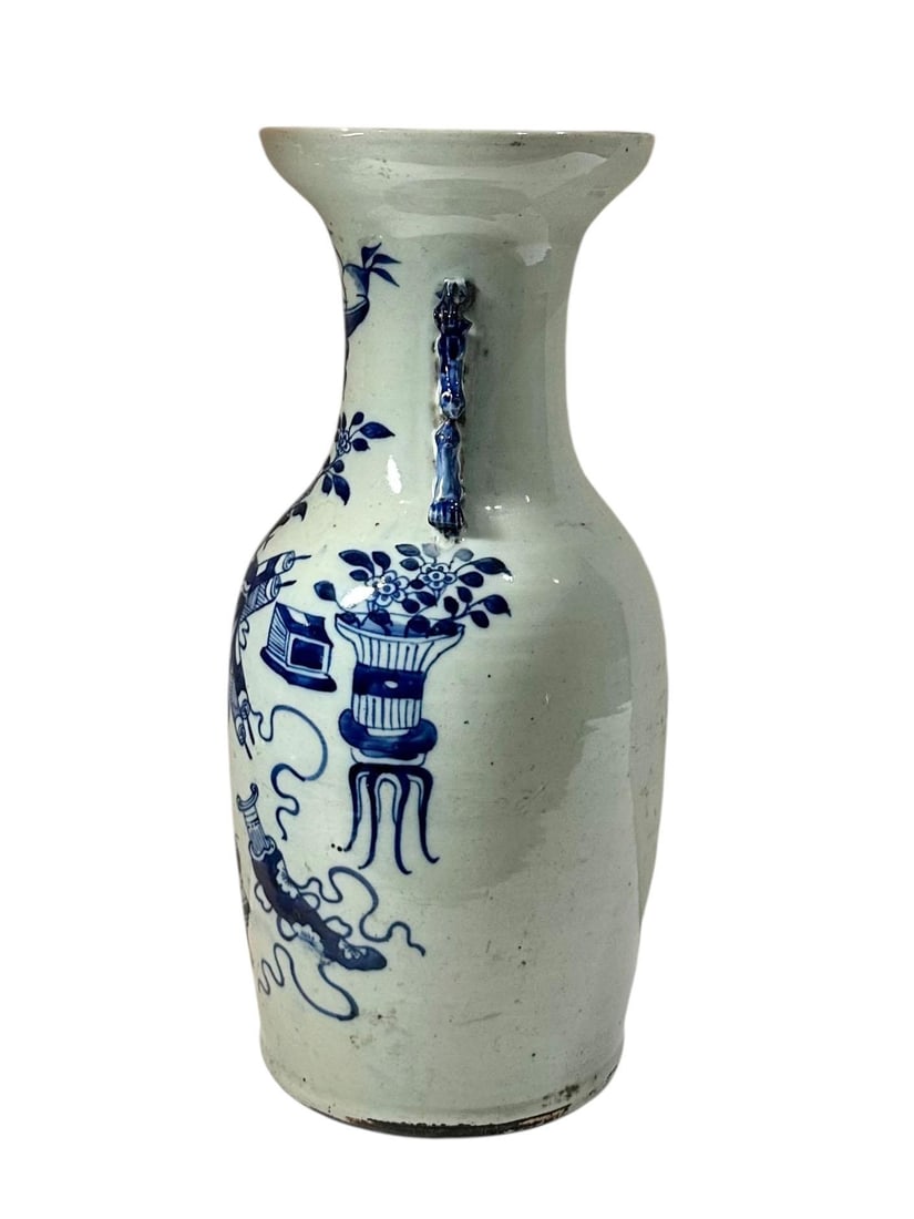 19th Century Chinese Blue and White Vase With Celadon Cast and Foo Dog Handles - 7