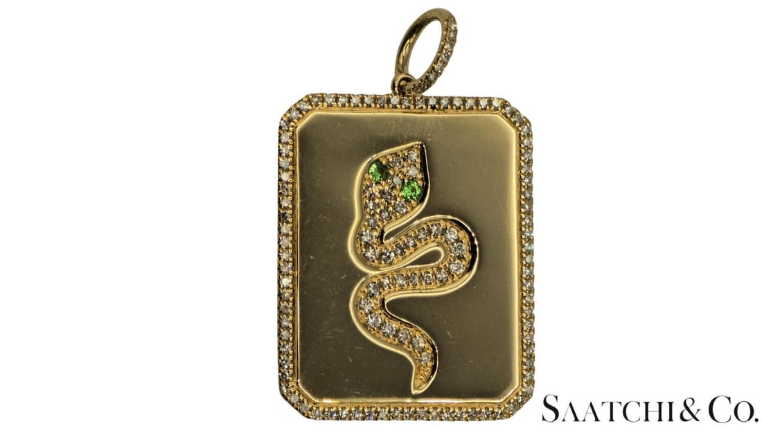 Late 20th Century Snake Pendant Natural VVS Diamond & Natural Tsavorite 14k (585) Yellow Gold - 5