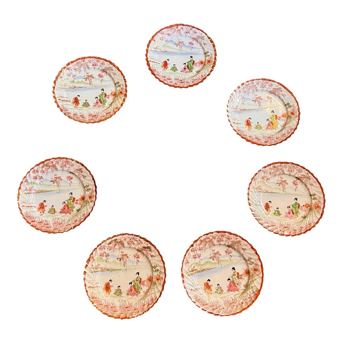 Antique Chinoiserie Plates- Set of 7: Antique Decorative Japanese Plates. Plates are from the 1930s and are beautifully colored. Each one is delicate and well made. Although all the same, some plates have a slightly darker color green tha