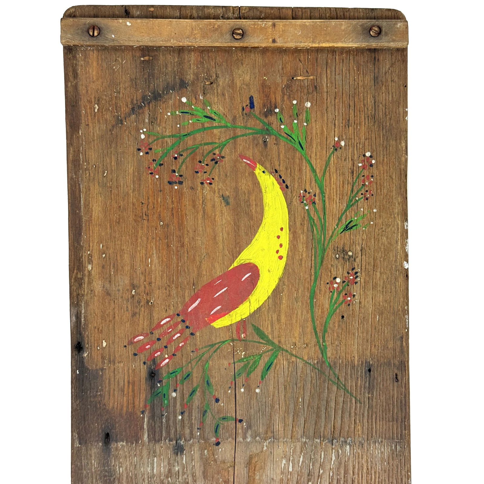 Vintage 1930s Primitive Folk Art Plank Wood Viking Chair, Painted Distlefink Bird Motif - 10