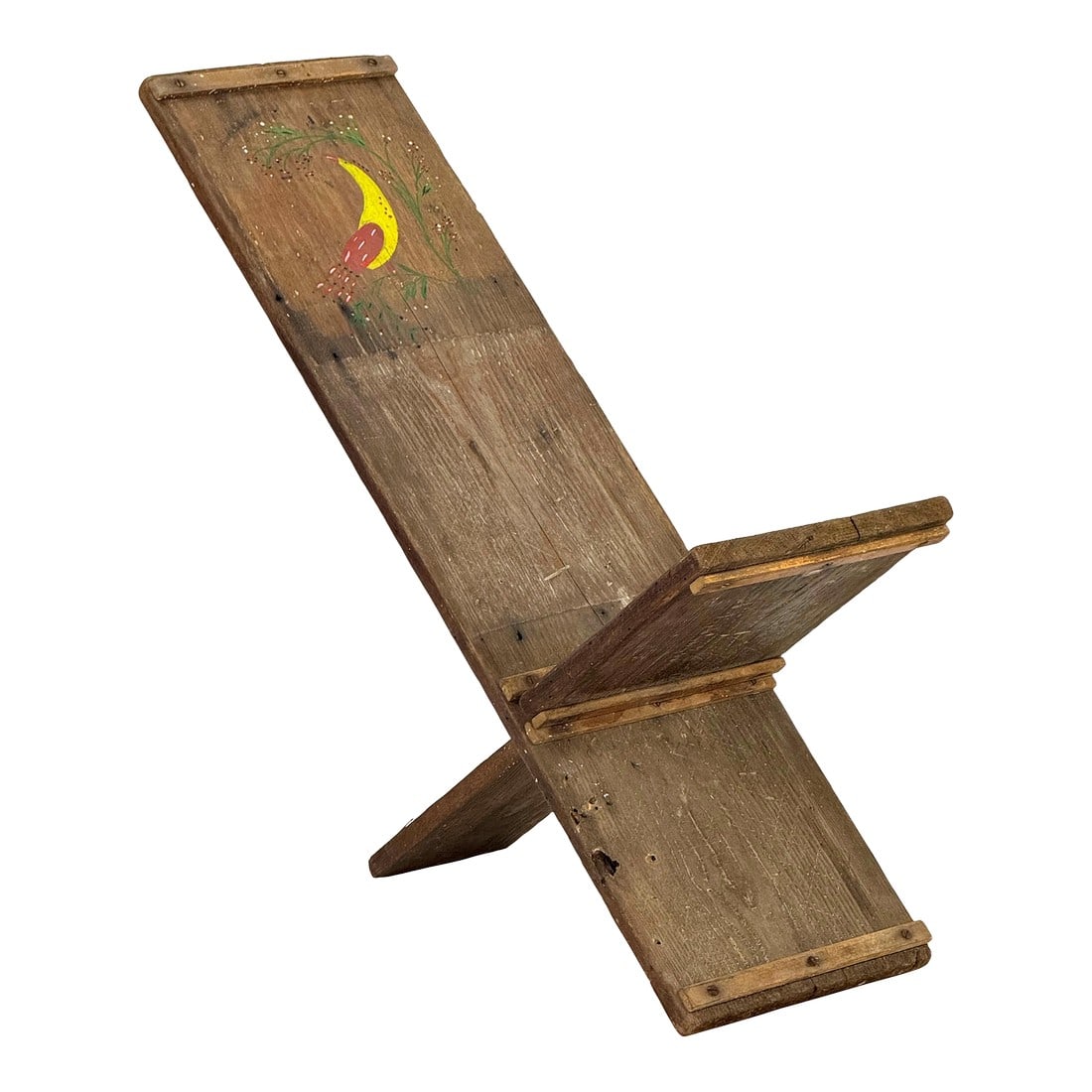 Vintage 1930s Primitive Folk Art Plank Wood Viking Chair, Painted Distlefink Bird Motif: Vintage 1930s folk art plank chair (also known as a Viking chair) featuring a hand-painted distelfink bird motif on the backrest, framed by floral sprays. Likely Pennsylvania Dutch or Mennonite origin