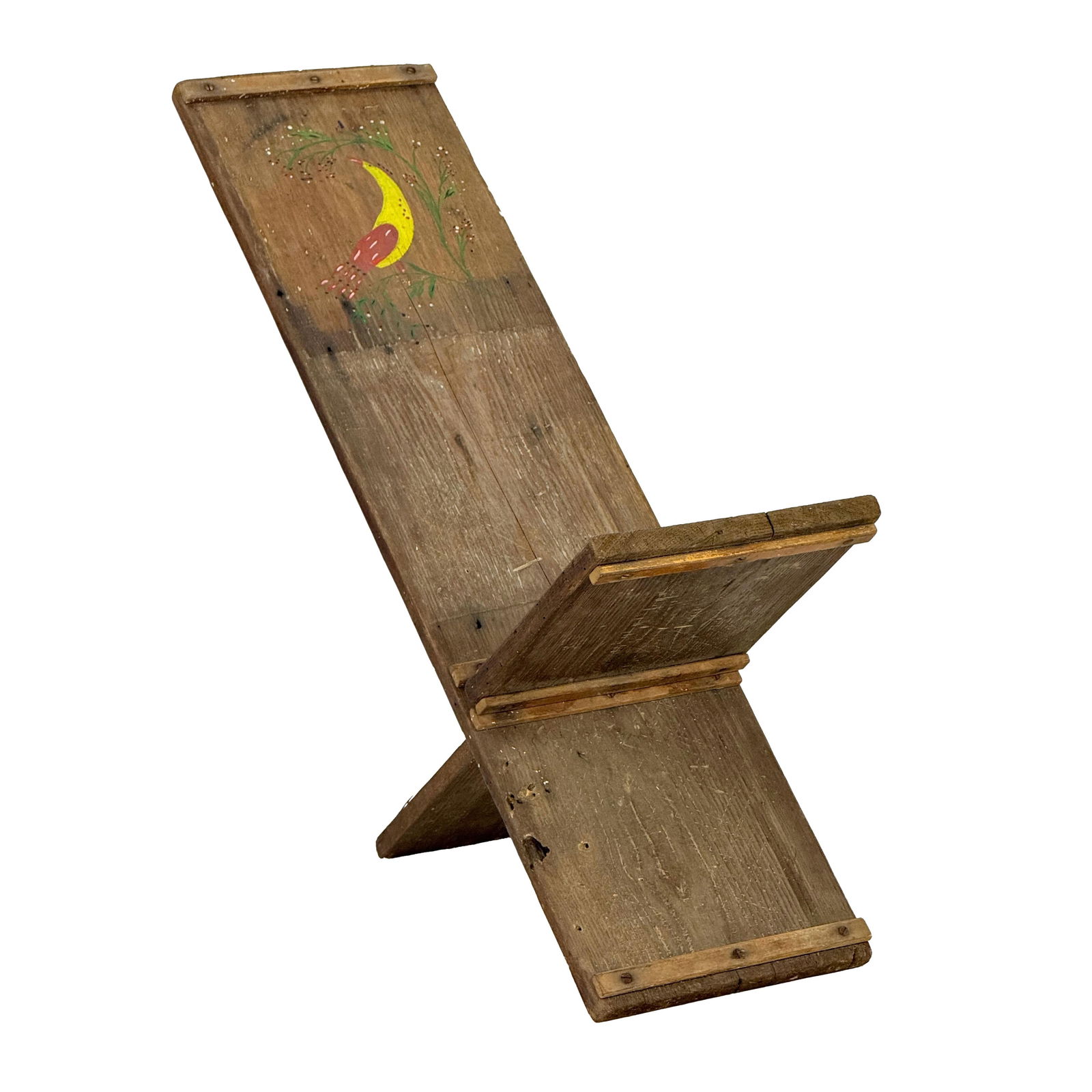 Vintage 1930s Primitive Folk Art Plank Wood Viking Chair, Painted Distlefink Bird Motif - 2
