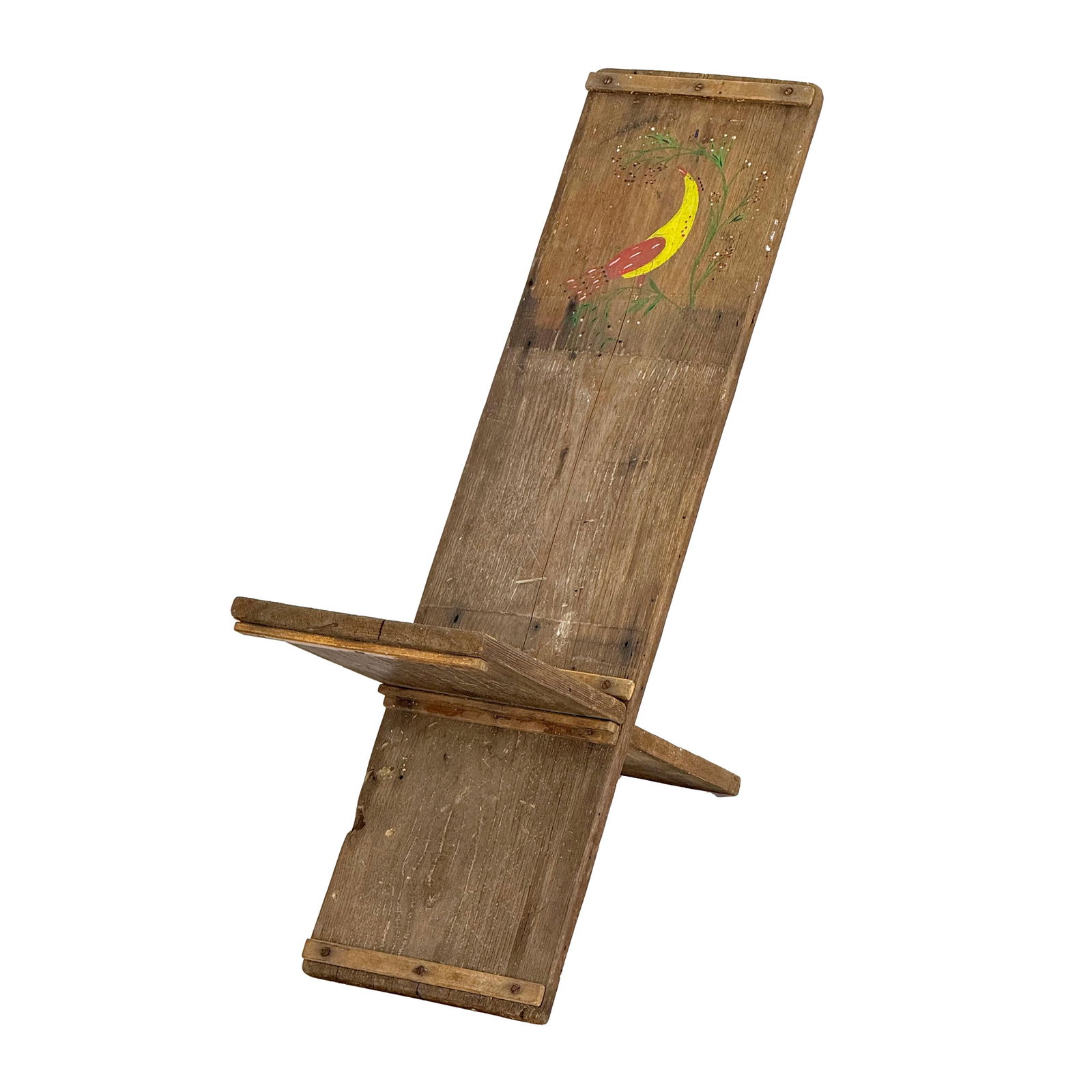 Vintage 1930s Primitive Folk Art Plank Wood Viking Chair, Painted Distlefink Bird Motif - 4