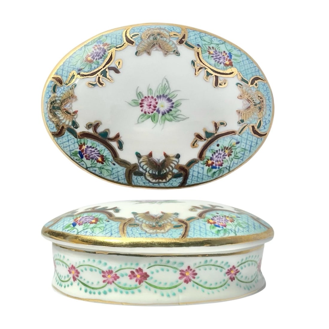 1960s Limoges Porcelain Hand Painted Baby Blue Butterfly Small Trinket Box - 2