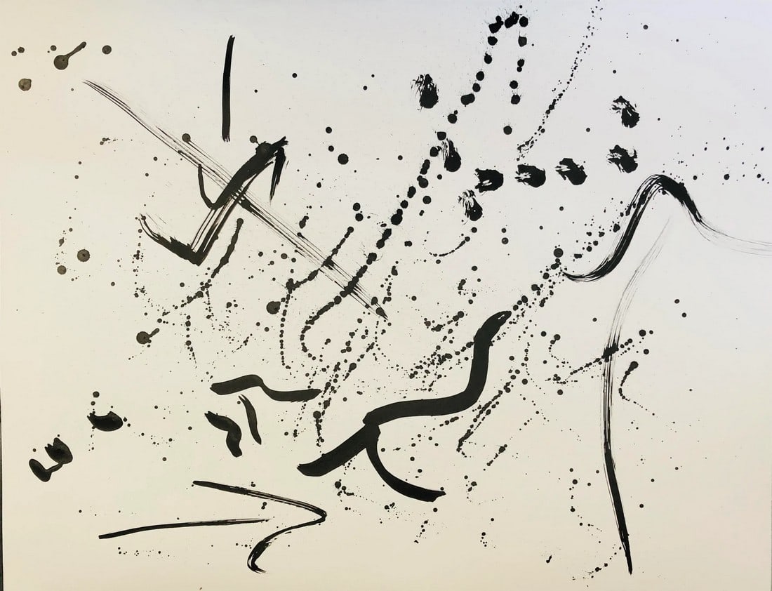 Abstract B&w Ink Painting by Artug on White Paperboard 22x28: Abstract black ink painting by ARTUG on paperboard 22x28, signed, unframed. Condition: Imperfections: No Imperfections Condition Notes: Excellent Dimensions: Height: 22 in. Width: 28 in. Depth: 0.01 i