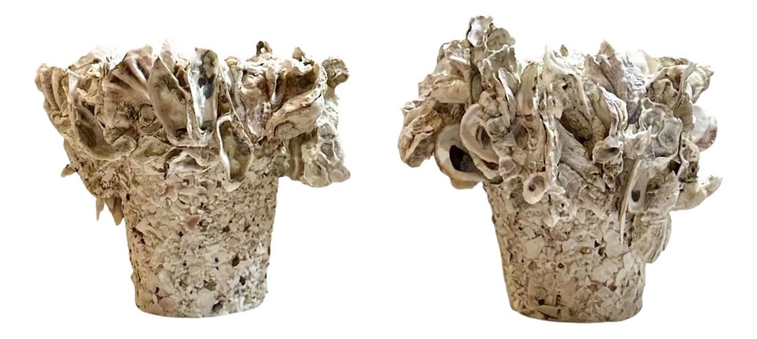 Carole Guyton Clam Shell Pots - A Pair: A unique and artistic pair of hand decorated terracotta pots by Carole Guyton, celebrated for her old world style. These clam shell decorated vessels are richly textured merging decorative charm with