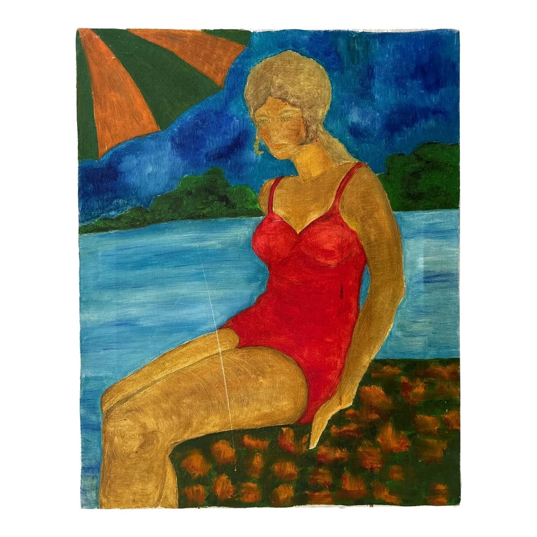 1970s Vintage "˜Bather' Painting in Manner of 1920's -1950's Unsigned and Unframed: Vintage lakeside painting of bather in early to mid 20th century style. Unsigned Condition: Alterations: Original Condition Unaltered Imperfections: Some Imperfections Condition Notes: VG - scratch an