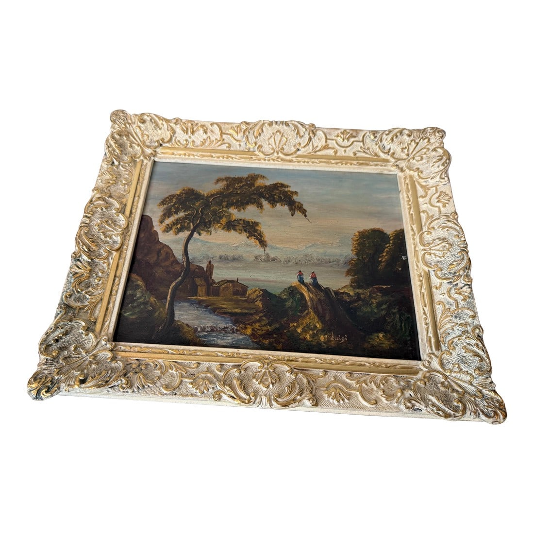 Original Oil Pastoral Landscape Painting in the Style of Romantic Period. Signed Luigi Lower R. Gold: Original Oil Pastoral Landscape Painting in the Style of Romantic period. Depicting Serene Landscape with Figures, a Stream & a Distant Body of Water. Very good condition. The painting is 8" by 10" fr
