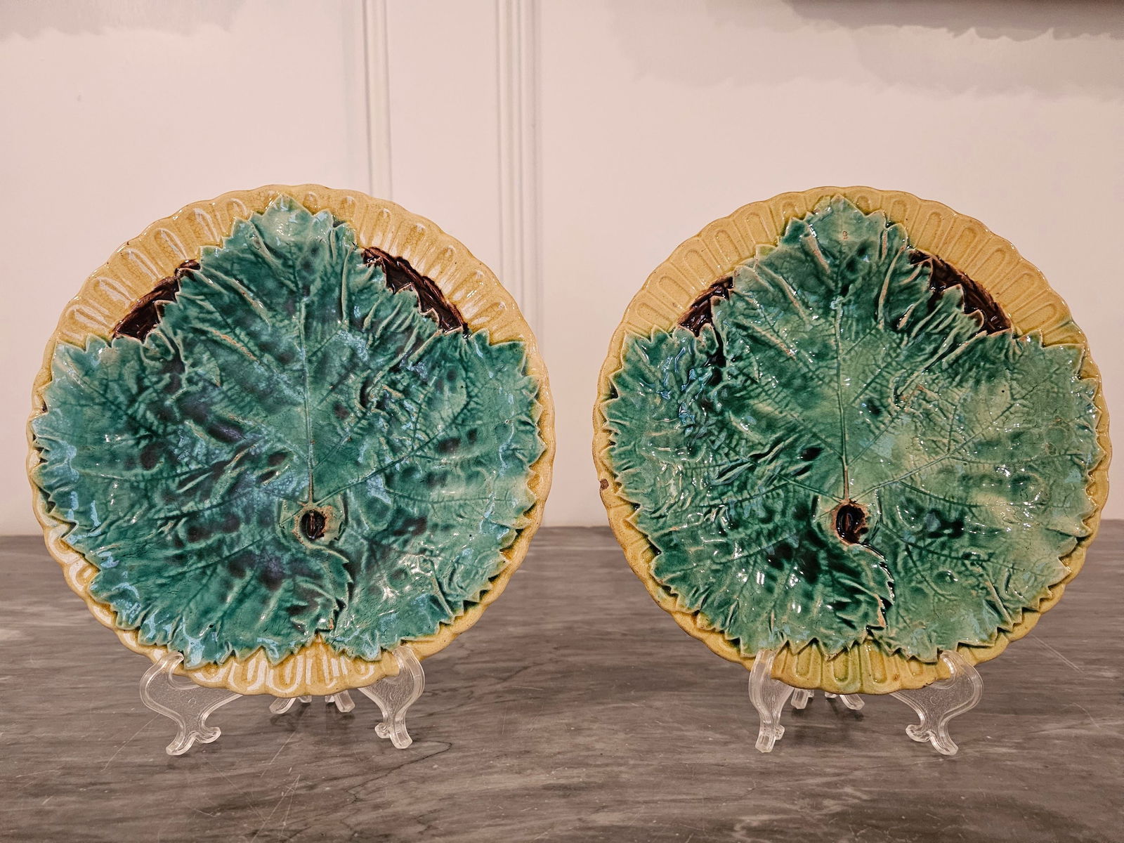 19th Century Begonia Leaf Majolica Plates -Set of 4 - 2