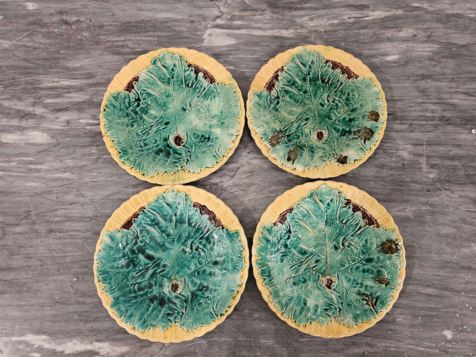 19th Century Begonia Leaf Majolica Plates -Set of 4 - 3
