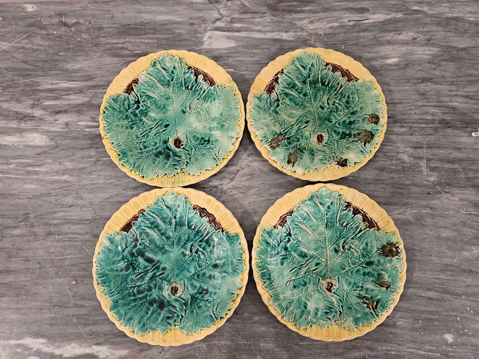 19th Century Begonia Leaf Majolica Plates -Set of 4 - 9