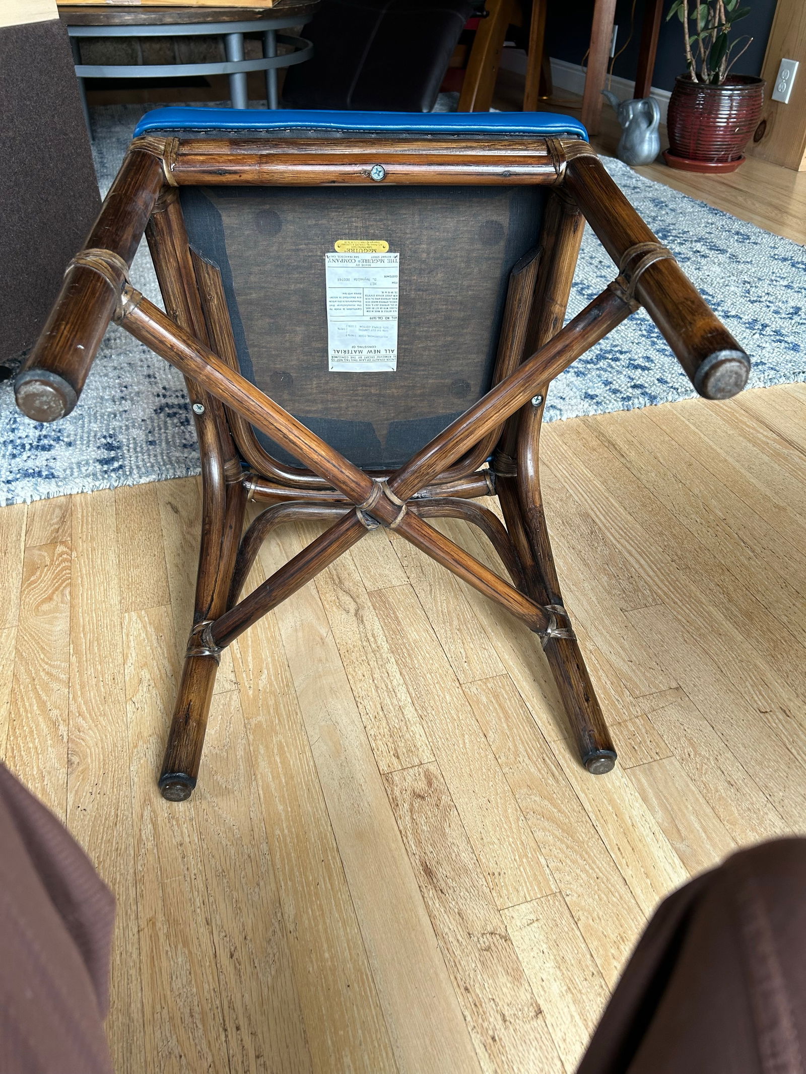 Vintage McGuire Chair 1978 Bamboo Rattan Blue Seat - 12