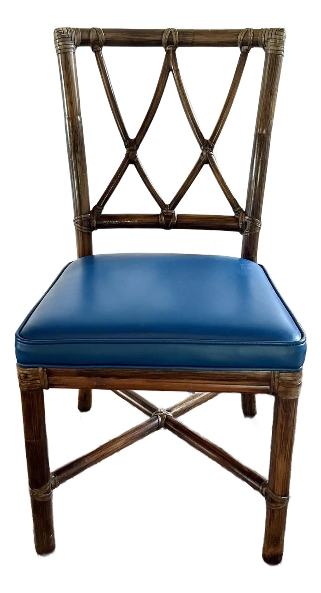 Vintage McGuire Chair 1978 Bamboo Rattan Blue Seat: Beautiful McGuire bamboo rattan chair with rawhide bindings from 1978. The chair is incredibly high quality and in excellent condition. There is a slight discoloring on one of the top bindings on the