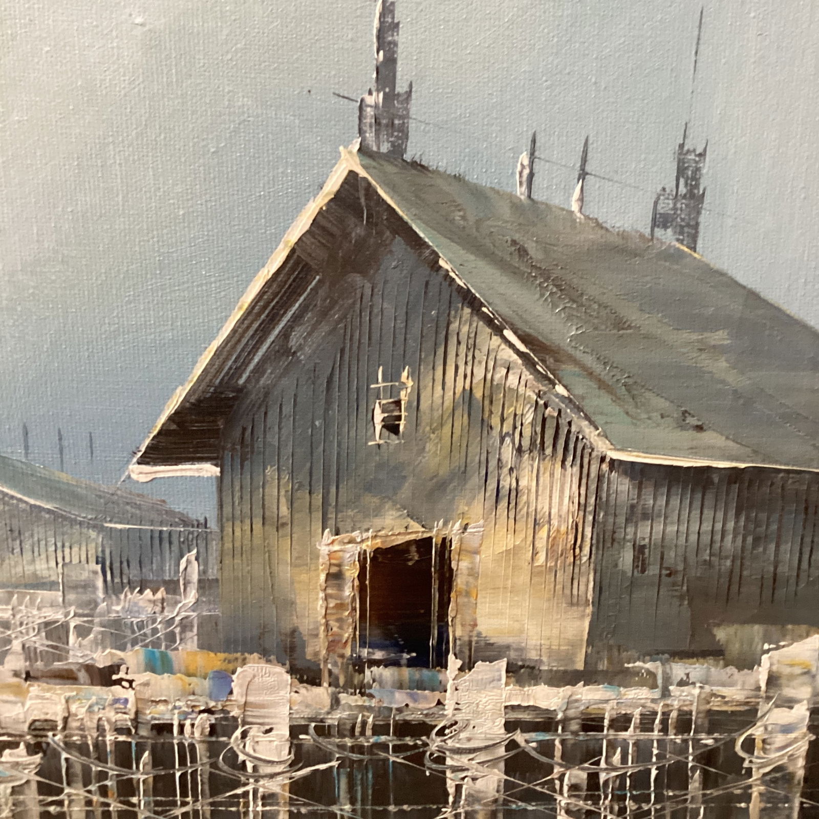 1980s Vintage Seascape Oil Painting on Canvas "Morning Boats" by K. Thomas, Framed - 11