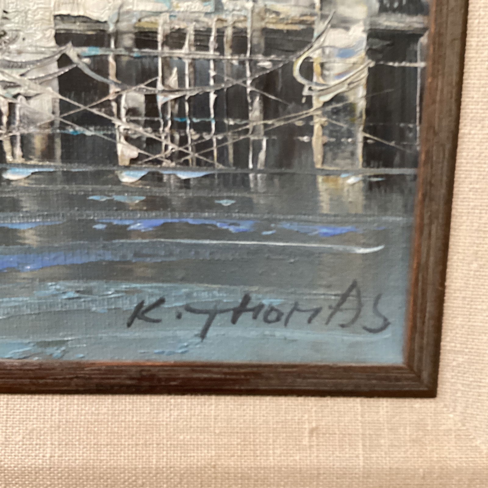 1980s Vintage Seascape Oil Painting on Canvas "Morning Boats" by K. Thomas, Framed - 12