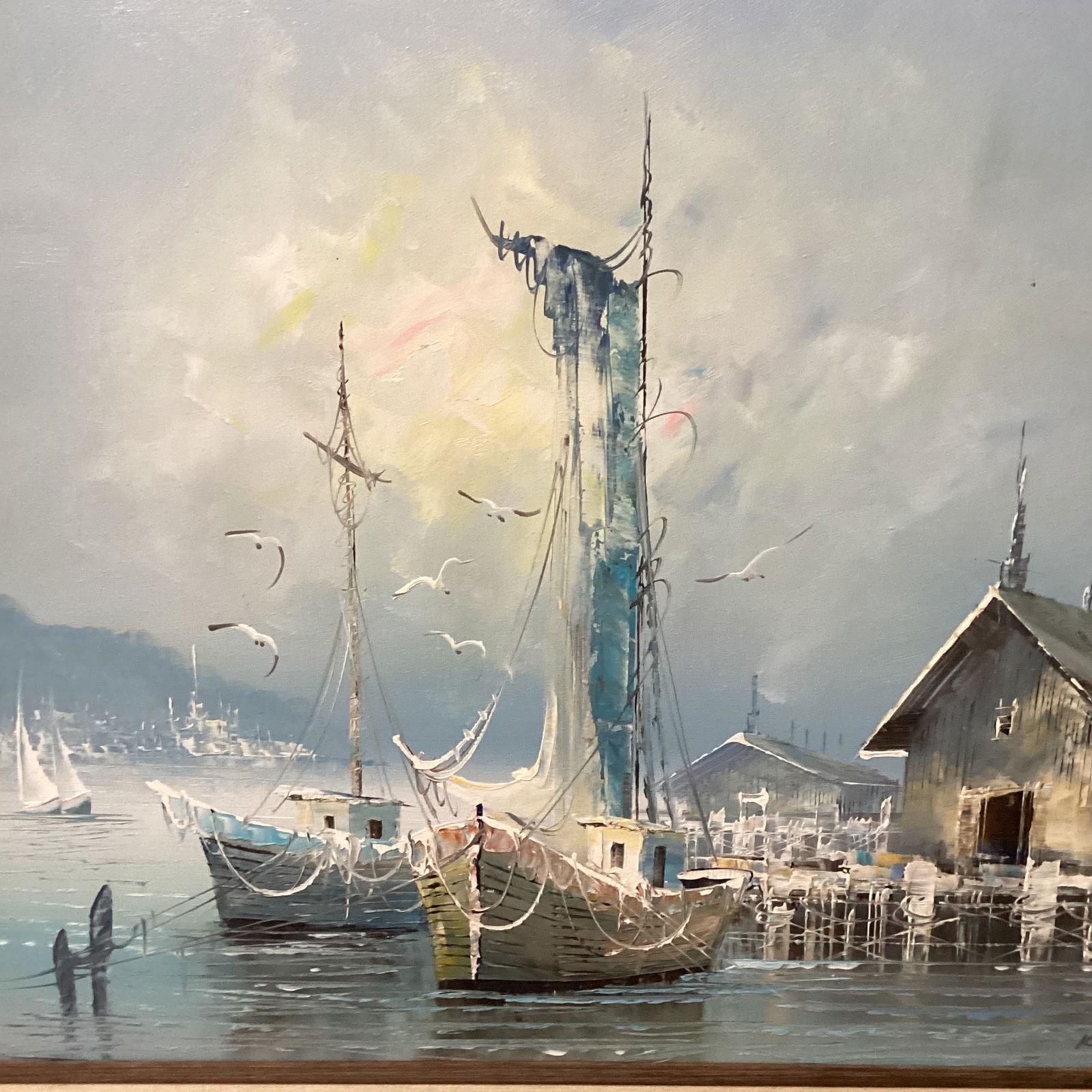 1980s Vintage Seascape Oil Painting on Canvas "Morning Boats" by K. Thomas, Framed - 2