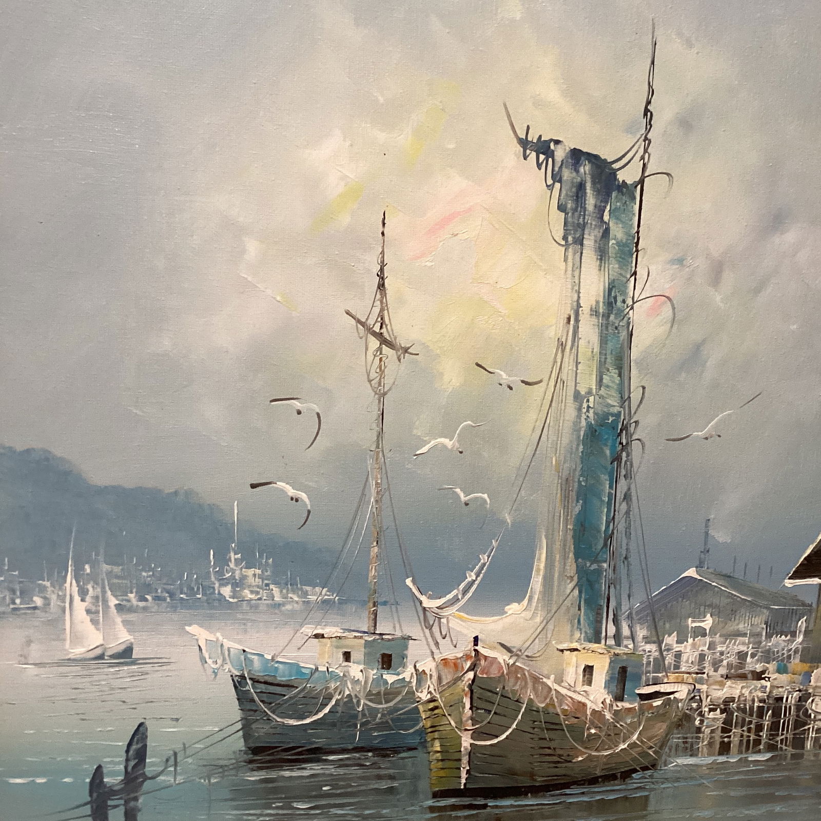 1980s Vintage Seascape Oil Painting on Canvas "Morning Boats" by K. Thomas, Framed - 3