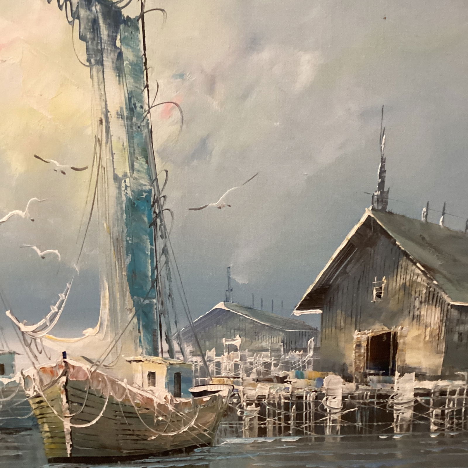 1980s Vintage Seascape Oil Painting on Canvas "Morning Boats" by K. Thomas, Framed - 4