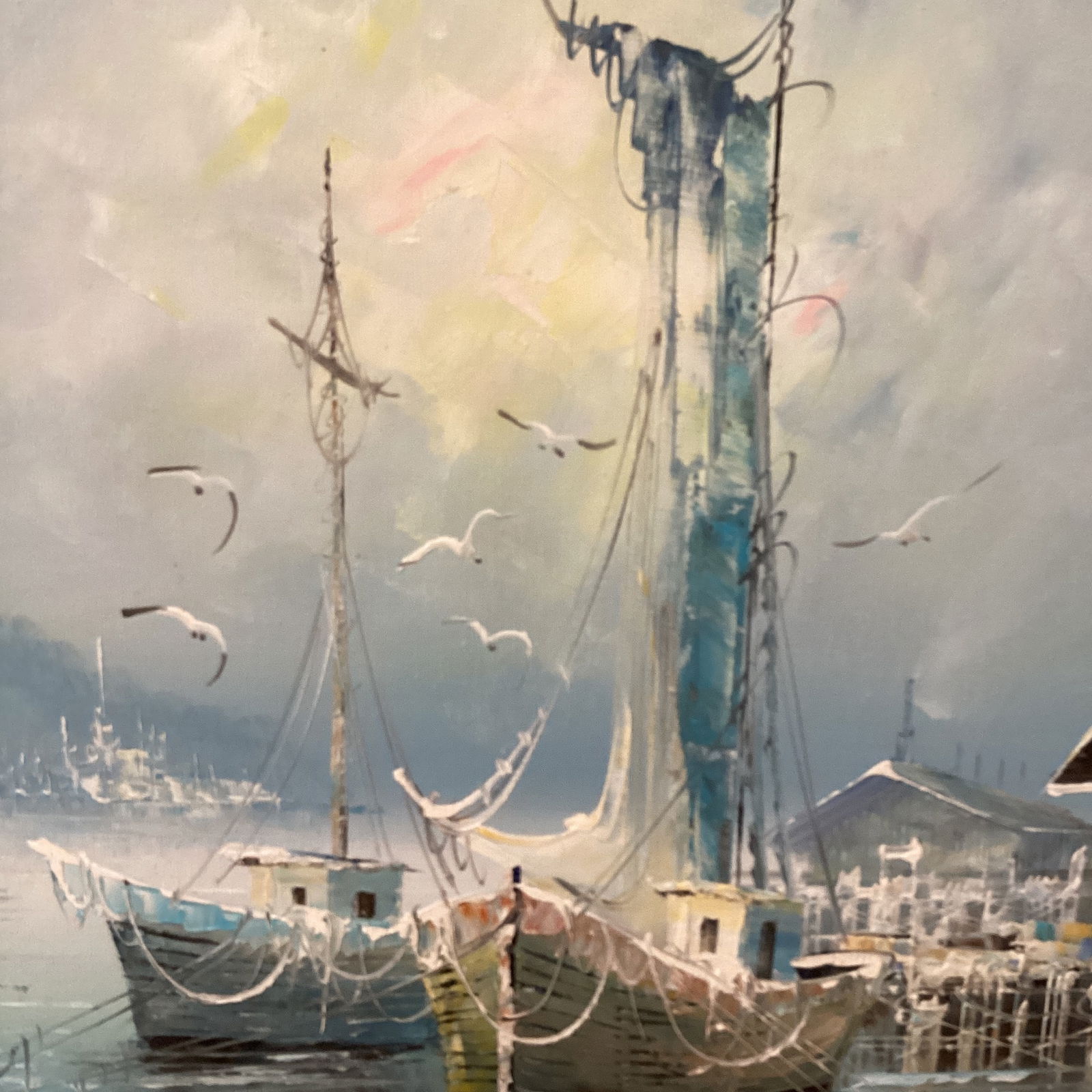 1980s Vintage Seascape Oil Painting on Canvas "Morning Boats" by K. Thomas, Framed - 5